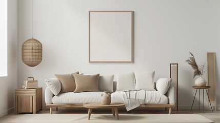 Art wall interior mockup in modern room, blank empty background with frame, picture artwork painting, white design sofa, furniture for home style, floor living, house decor