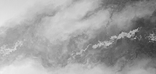 A grey and white painting of a cloudy sky with a grey line running through it. The painting has a...