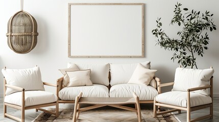 Modern art mockup room with blank walls, white floor, stylish sofa. Interior design with empty frames, posters, and decor. Light wooden furniture, Scandinavian style.