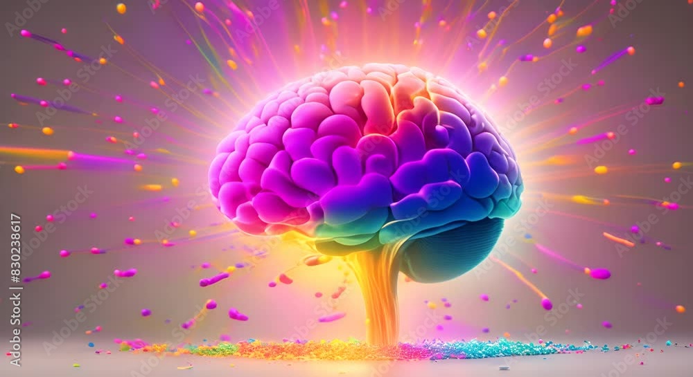 Poster concept art of a human brain exploding colorful particles