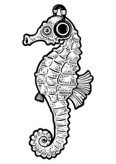Seahorse with headphones sketch engraving PNG illustration. T-shirt apparel print design. Scratch board imitation. Black and white hand drawn image.