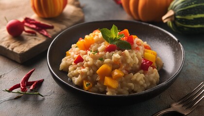 vegetable risotto made of zucchini carrot red bell pepper and pumpkin