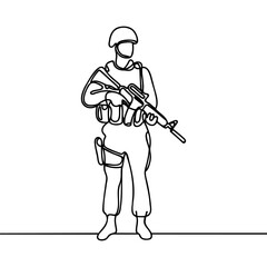 Naklejka premium Single continuous line drawing of young male soldier pose standing and holding weapon. Minimalism concept one line draw graphic design.