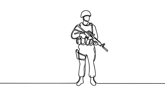 recommend clip art: Single continuous line drawing of young male soldier pose standing and holding weapon. Minimalism concept one line draw graphic design.