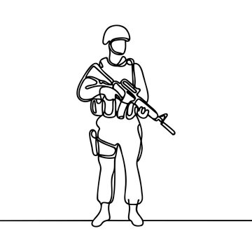 recommend clip art: Single continuous line drawing of young male soldier pose standing and holding weapon. Minimalism concept one line draw graphic design.