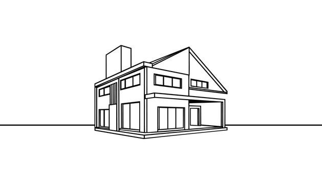 recommend clip art: Modern house or commercial building in continuous line art drawing style. Modern architecture sketch isolated on white background. Vector illustration