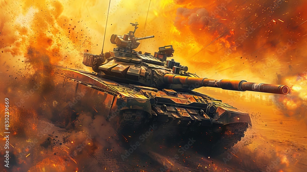 Wall mural armored tank firing on battlefield bombs and explosions in war zone digital illustration - Wall murals
