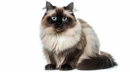 Obraz premium A fluffy Himalayan cat with a creamy coat and striking blue eyes, its dark face, ears, and tail contrasting beautifully, sitting gracefully, isolated on solid white background,