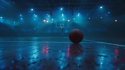 Basketball court with wet floor and ball in the foreground. The background is dark with spotlights shining down on the court.