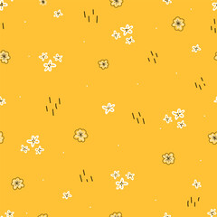 Elegant meadow floral seamless pattern of small flowers on bright yellow background