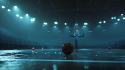 A basketball court with a basketball on the ground. The court is lit by spotlights. The image is...