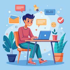 Young Man Working on Laptop Surrounded by Digital Communication Icons in Modern Home Office Vector Illustration
