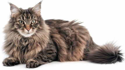 Obraz premium A majestic Norwegian Forest Cat with a thick, fluffy coat and a serene expression, lounging comfortably with its tail draped over its side, isolated on solid white background,