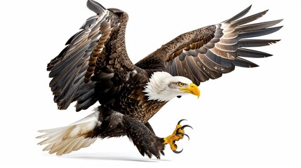 Naklejka premium A powerful bald eagle with wings spread wide, talons extended as if about to land, isolated on solid white background,