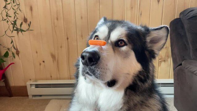 Alaskan malamute dog balancing a baby carrot on his nose