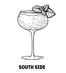 South Side cocktail illustration. Hand drawn sketch. Vector illustration. Isolated object.