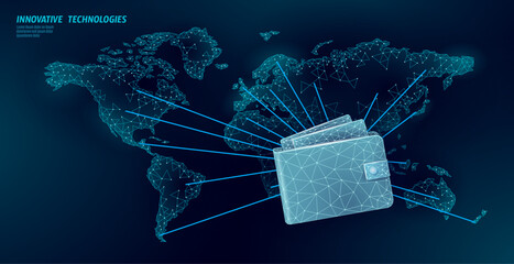 International global online wallet low poly design 3D. Online shop trade market technology. Buy now template. Mobile app sale vector illustration