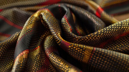 Brown Silk Fabric with Red and Yellow Accents Densely Woven Triacetate Fiber Cloth