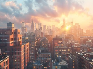 A cityscape with tall buildings and a sunset