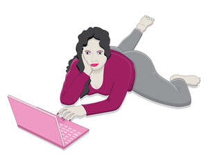 vector design cartoon illustration of a cabtik woman in a red and cream shirt and gray pants lying down while playing on a pink laptop