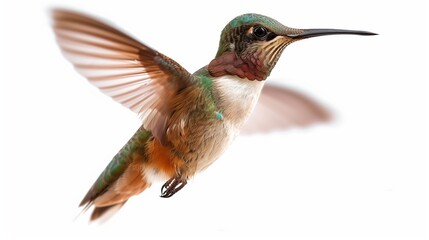 A tiny hummingbird hovering with wings a blur and beak extended, its iridescent feathers catching the light, isolated on solid white background,