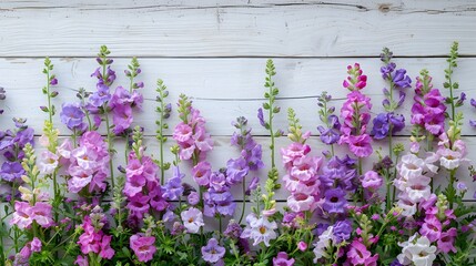 Fototapeta premium Purple snapdragon flowers against rustic white wood, floral arrangement, vibrant spring blooms, ideal for greeting cards or decor
