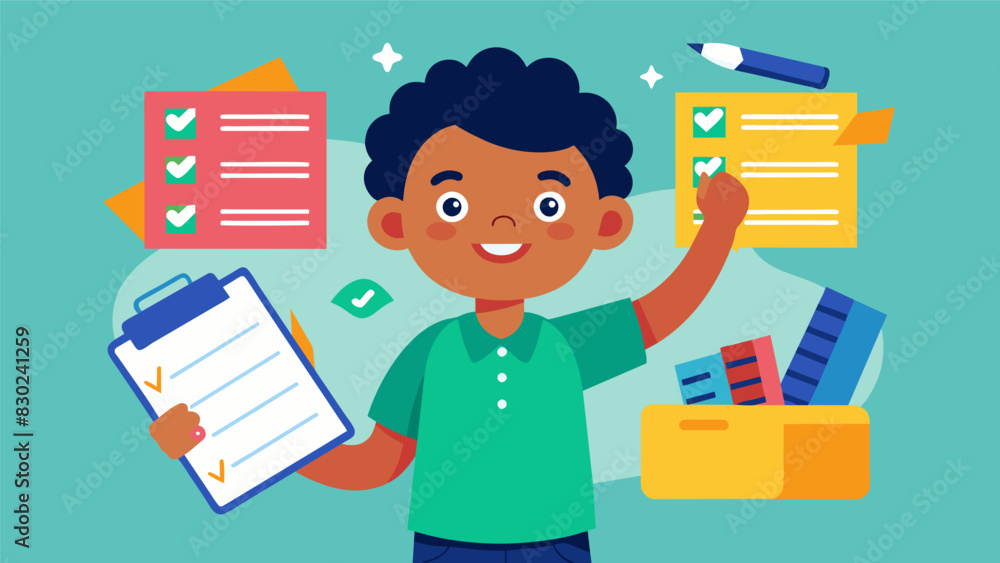 Poster on a colorful checklist a child excitedly ticks off notebooks folders and binders for the new school