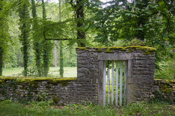 muret en pierres avec porte ancienne sous les arbres