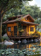 Obraz premium A small house in the middle of a pond surrounded by a forest