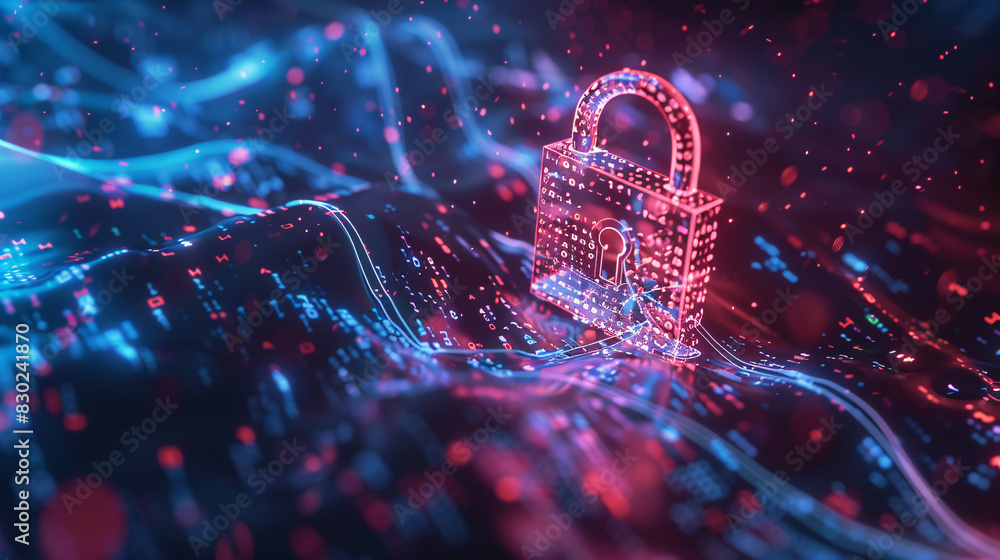 Poster a blue and red glowing lock with a keyhole. the lock is surrounded by a stream of colorful lines
