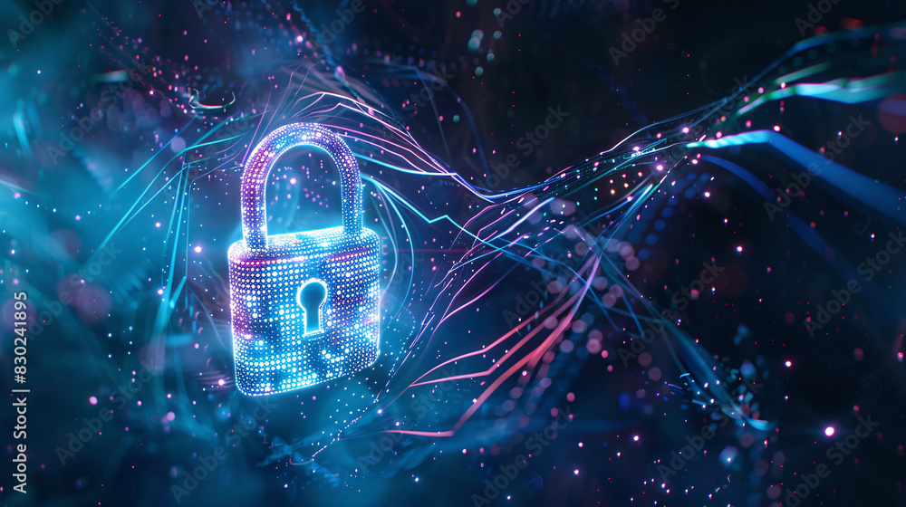 Poster a blue and red glowing lock with a keyhole. the lock is surrounded by a stream of colorful lines
