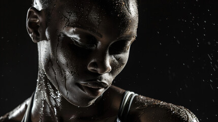 A woman with sweat on her face and a black background