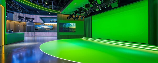 Fototapeta premium Modern Television Studio with Green Screen, A modern television studio featuring a large green screen, advanced lighting, and multiple digital displays for professional video production.