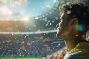 Man watches a sports event with anticipation, confetti flying, stadium in background.