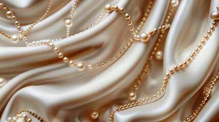 Close-up of cream-colored silk fabric with gold chains and pearls draped across it.