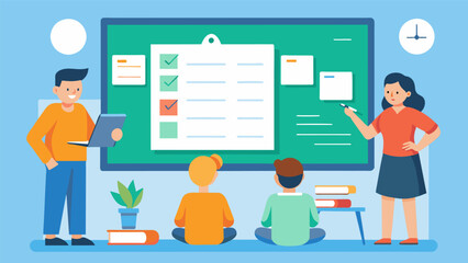 At the front of the room a whiteboard displays the daily homework assignments and students progress as they check off completed tasks.. Vector illustration