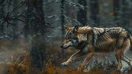 a close up of a wolf walking in a wooded area