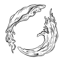 A splash of liquid water or a drink. Vector black and white hand-drawn graphics on a white background. Design element for labels, menus, packages and posters.