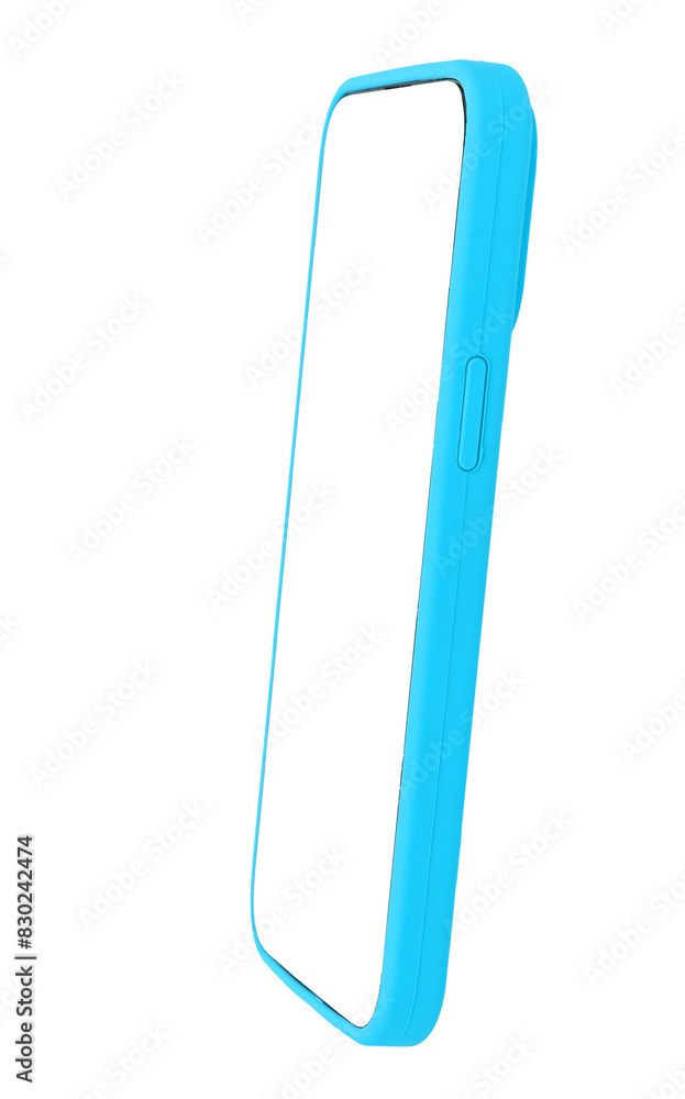 Poster phone mockup with white screen, blue case. modern smartphone, clear empty frame design, digital tech