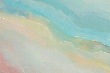 Art hand drawn oil and acrylic wave smear blot canvas painting stucco wall. Abstract texture beige, blue pastel color stain brushstroke relief texture background.