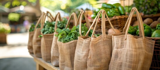 Sustainable Living in Action A Vibrant Farmers Market Scene Embracing Ecofriendly Shopping Bags and Natural Light