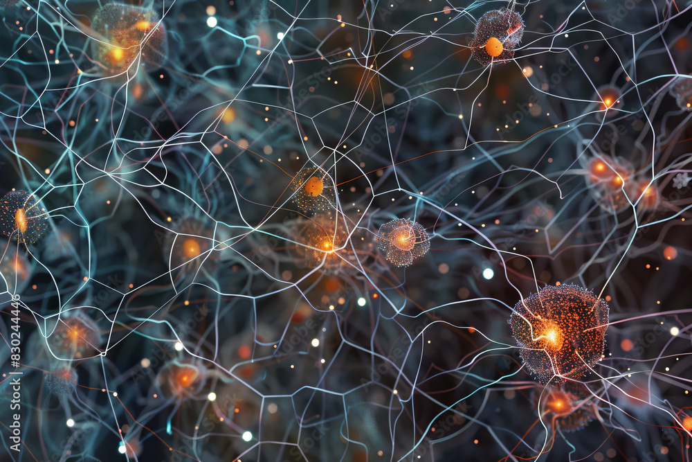 Poster a close up of a brain with many neurons and synapses