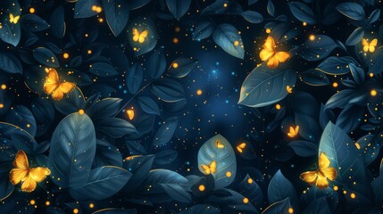 Fireflies dance gracefully through a dense forest at night, their gentle glow illuminating the vibrant leaves and creating a magical atmosphere.