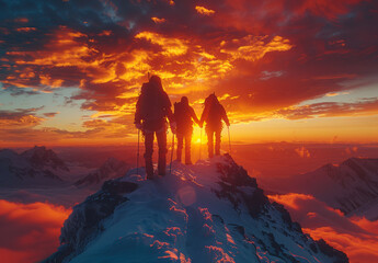Three people are standing on a mountain peak, with the sun setting behind them. The sky is filled...