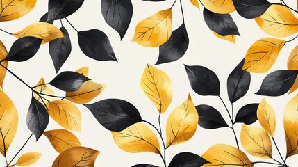 Gold and black leaves on a white background. The leaves are in a repeating pattern.