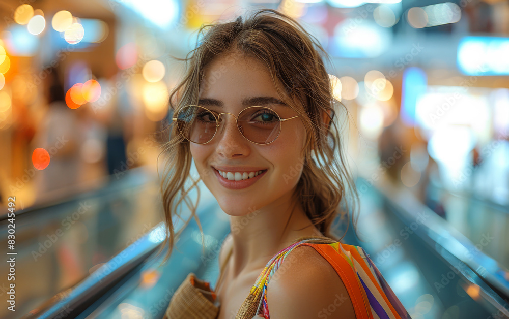 Wall mural A woman wearing sunglasses and a colorful dress is smiling at the camera. She is standing in a mall, possibly shopping, and she is enjoying herself