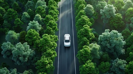 electric car driving on forest road aerial view ecofriendly transportation concept 3d illustration