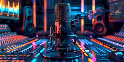 high-tech broadcasting microphone in an audio production setup with abstract voice over waveforms and digital sound editing tools. Podcasting concept.
