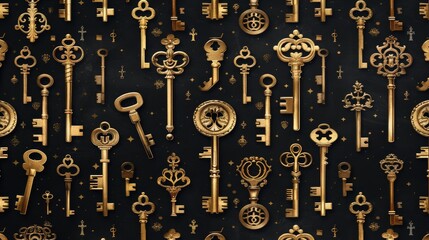 Luxury pattern with golden keys on black background. illustration.
