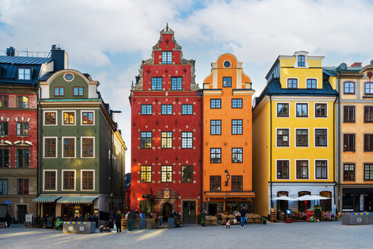  colorful old houses in gamla stan, the old town centre of Stockholm Sweden, The large square